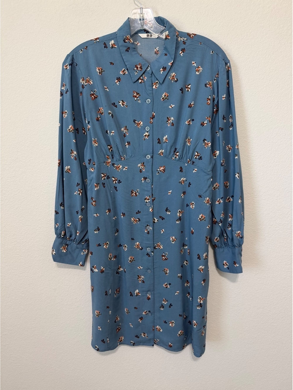 Uniqlo Long Sleeve Button Front Floral Blue Tone Shirt Mini Dress Women's Size S